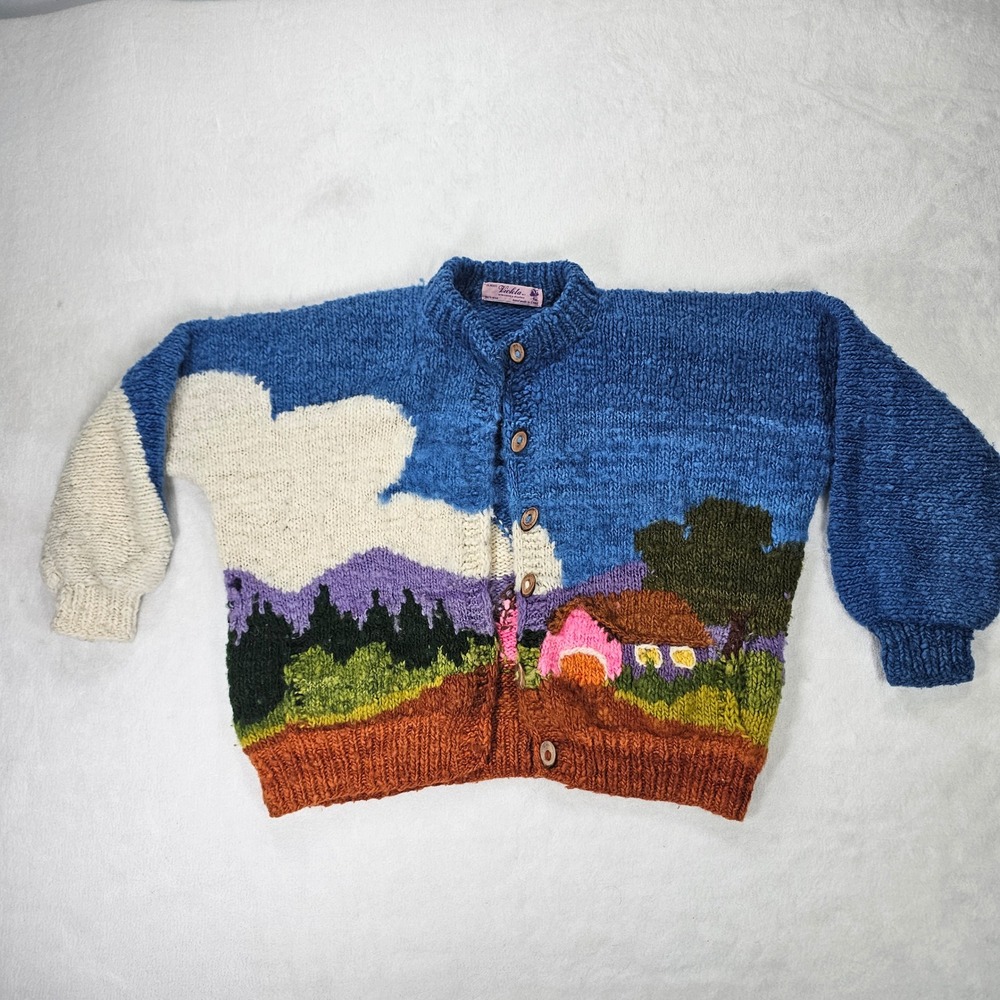 Violeta Cardigan Womens One Size Blue 💯 Wool Landscape Hand Knit Chile Vintage